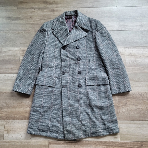 Vintage 60s Glen Plaid Overcoat Gray Plaid Double Breasted 42R - Picture 1 of 10